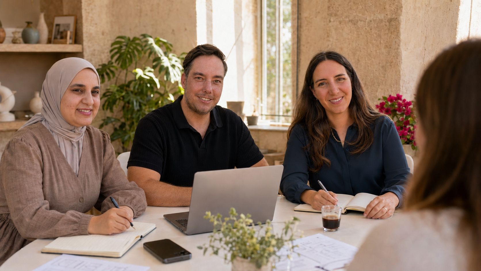 Das Team von Therese Blau sitzt mit einer Kundin an einem Tisch in warmem, mediterranem Licht.